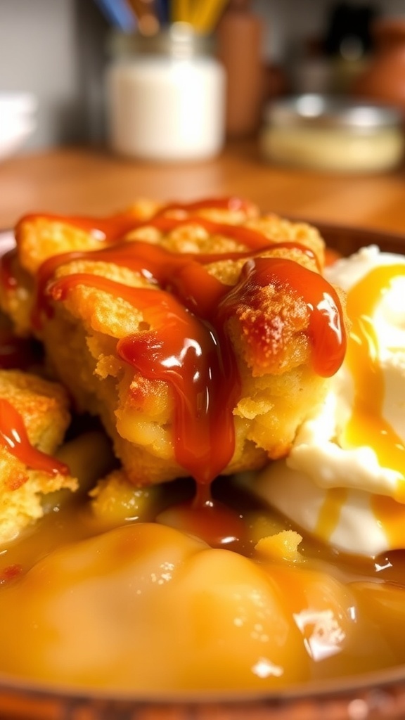 Krispy Kreme Donut Bread Pudding Recipe Krispy Kreme donut bread pudding with caramel drizzle and ice cream in a rustic dish.